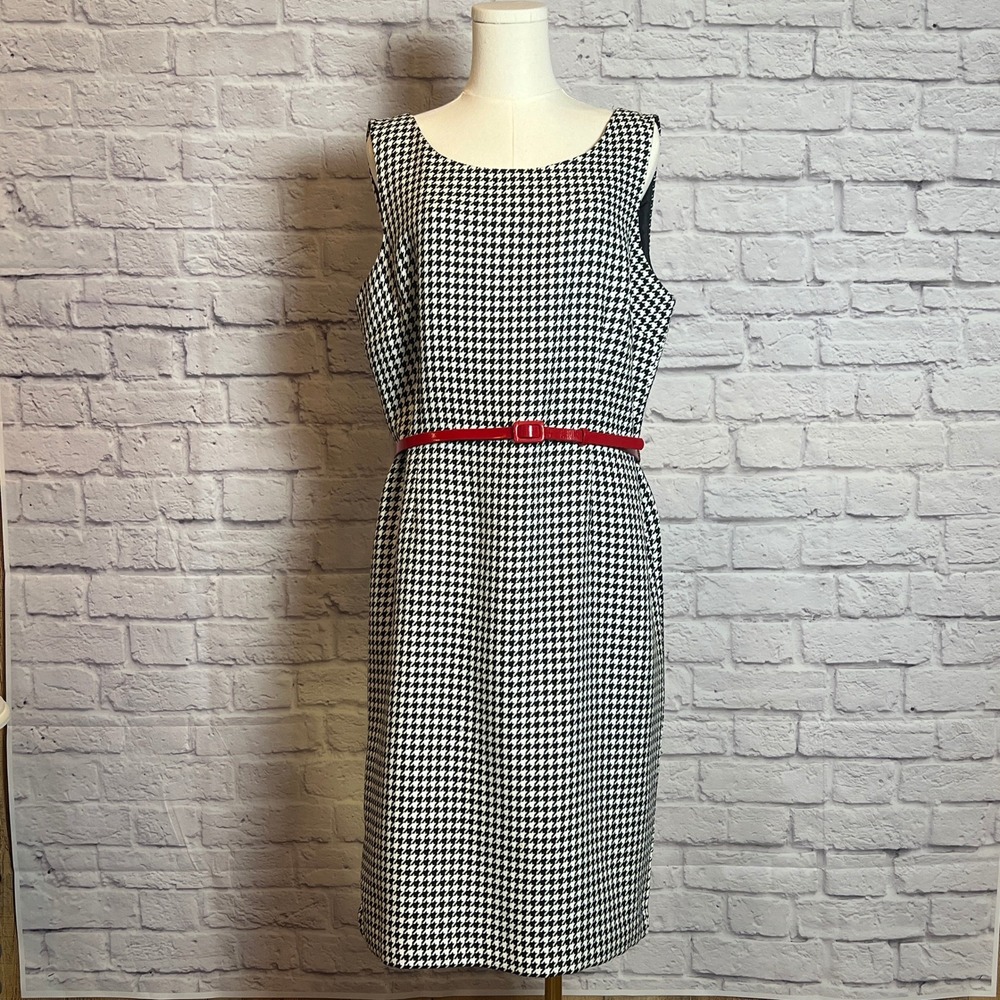 Classic Black and White Houndstooth Dress with Red Belt